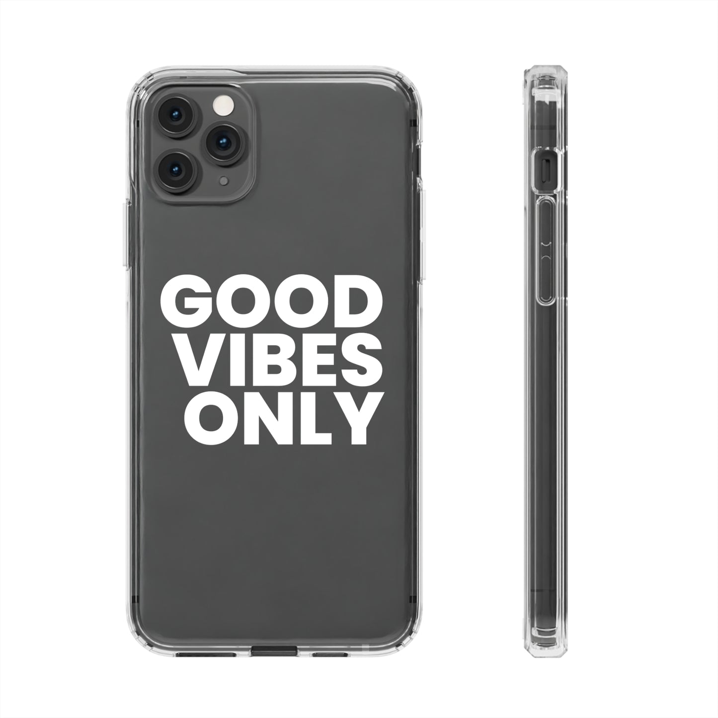 GOOD VIBES ONLY (White font) | Clear iPhone Case - Trovvve