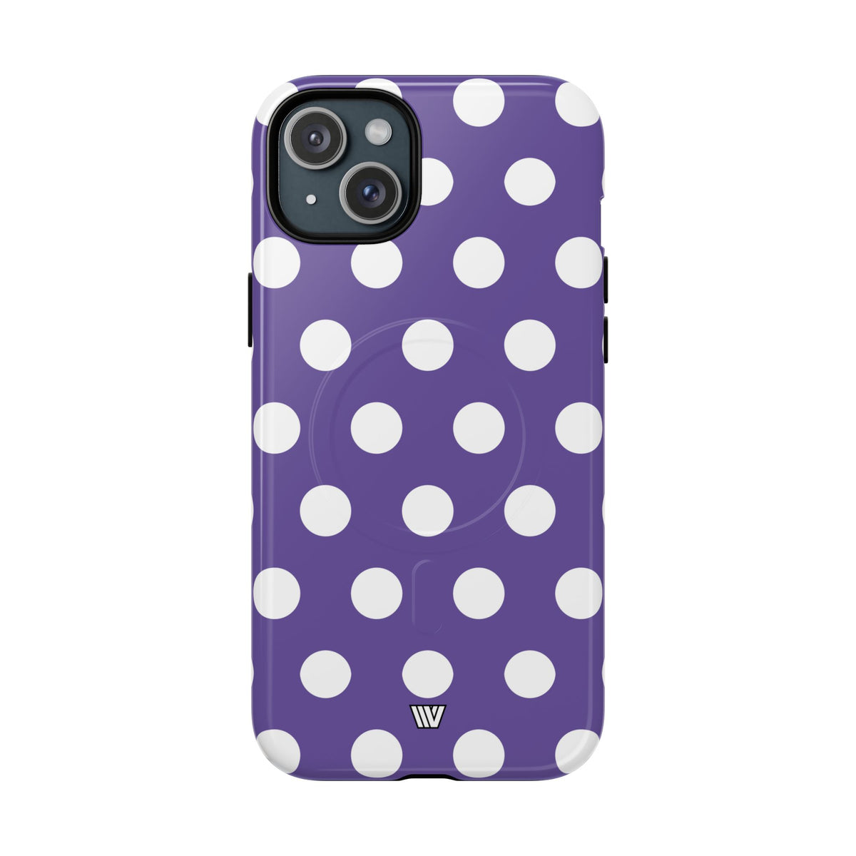 Purple Polka Dots MagSafe Tough iPhone Case – iPhone 15 Plus, Glossy