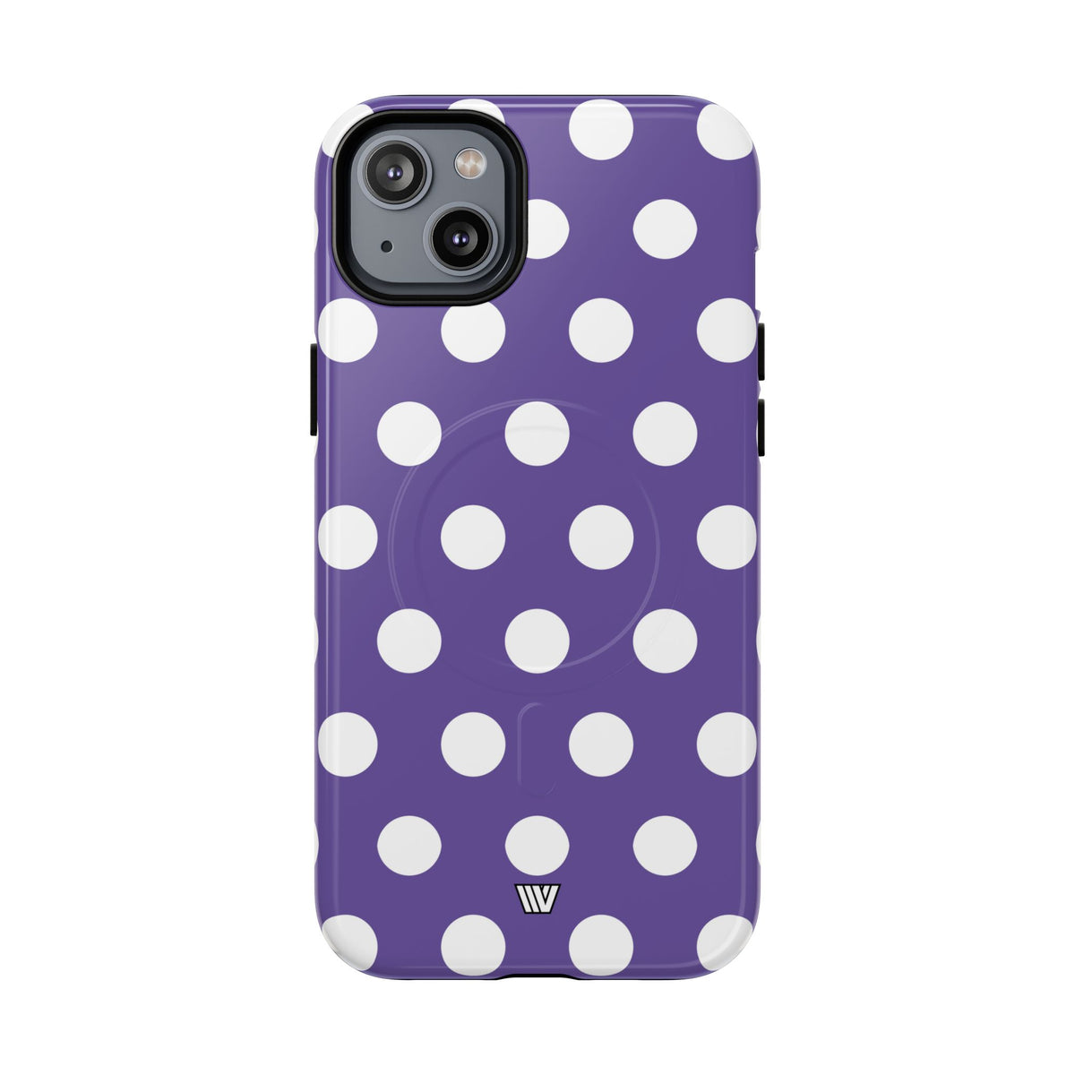 Purple Polka Dots MagSafe Tough iPhone Case – iPhone 14 Plus, Glossy