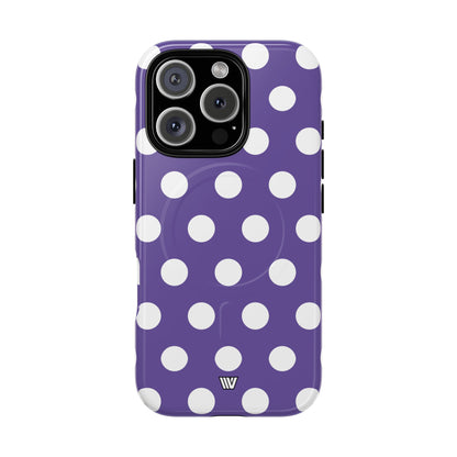 Purple Polka Dots MagSafe Tough iPhone Case – iPhone 16 Pro, Glossy