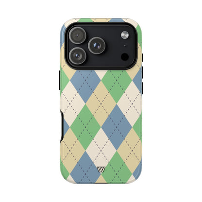 Green Blue Beige Argyle Tough Phone Case – iPhone 18 Pro, Glossy