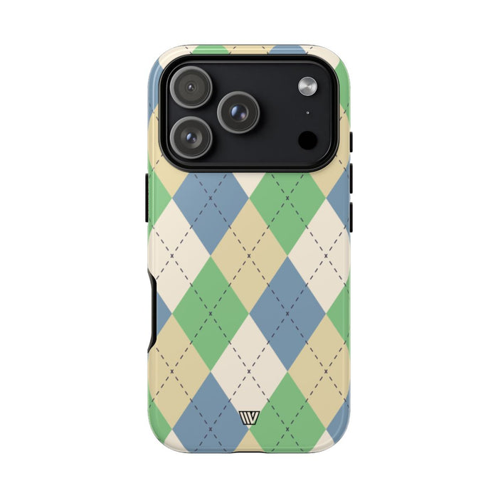 Green Blue Beige Argyle Tough Phone Case – iPhone 18 Pro, Glossy