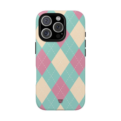 Blue Pink Beige Argyle Tough Phone Case – iPhone 16 Pro, Glossy
