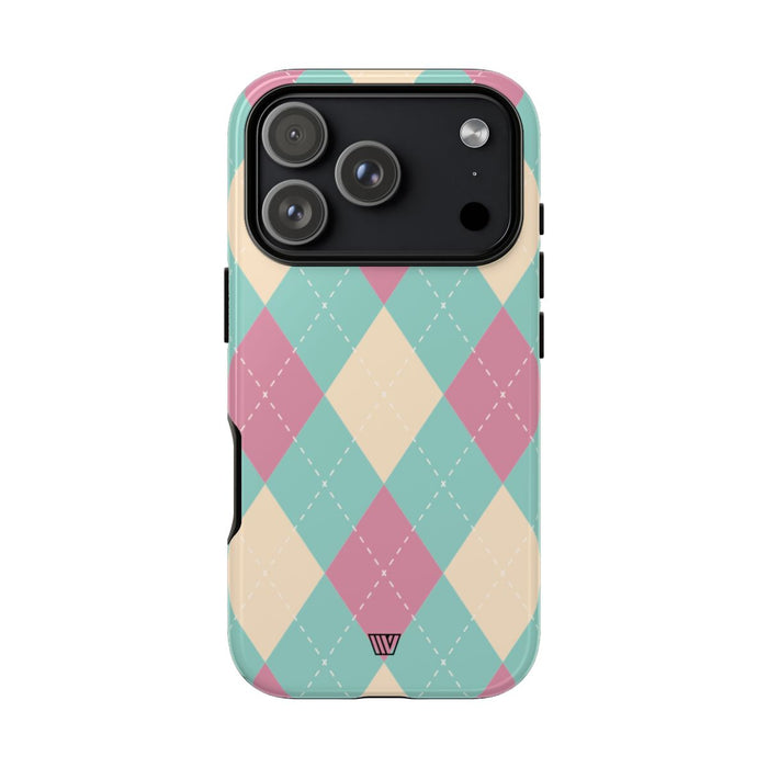 Blue Pink Beige Argyle Tough Phone Case – iPhone 18 Pro, Glossy