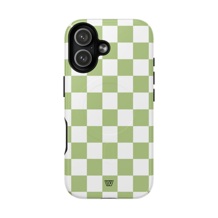 Pale Olive White Checkerboard MagSafe Tough iPhone Case – iPhone 17, Glossy