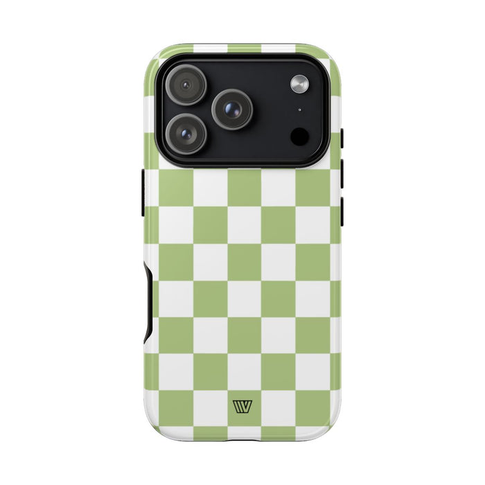 Pale Olive White Checkerboard Tough Phone Case – iPhone 18 Pro, Glossy