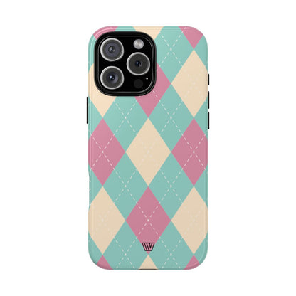 Blue Pink Beige Argyle Tough Phone Case – iPhone 16 Pro Max, Glossy