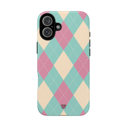Blue Pink Beige Argyle Tough Phone Case – iPhone 16 Plus, Matte