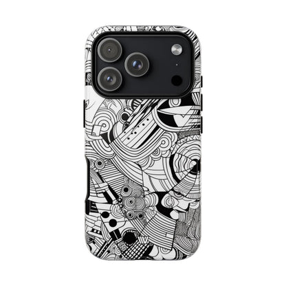 B&W Abstract Doodle Tough Phone Case – iPhone 18 Pro, Glossy