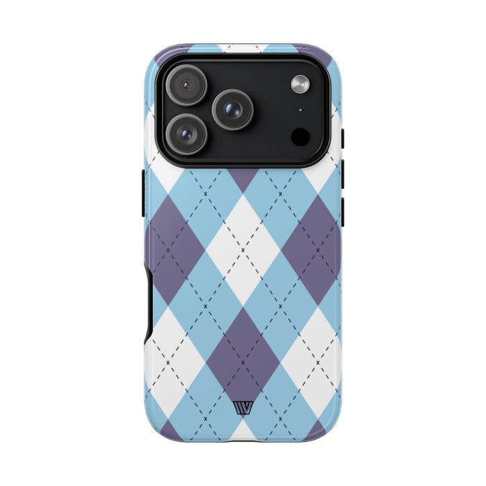 Blue White Purple Argyle Tough Phone Case – iPhone 18 Pro, Glossy