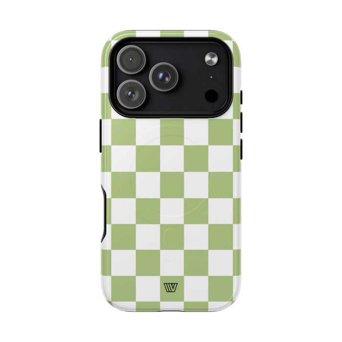 Pale Olive White Checkerboard MagSafe Tough iPhone Case – iPhone 18 Pro, Glossy