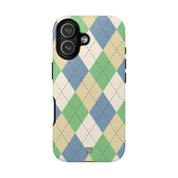 Green Blue Beige Argyle Tough Phone Case – iPhone 17, Glossy