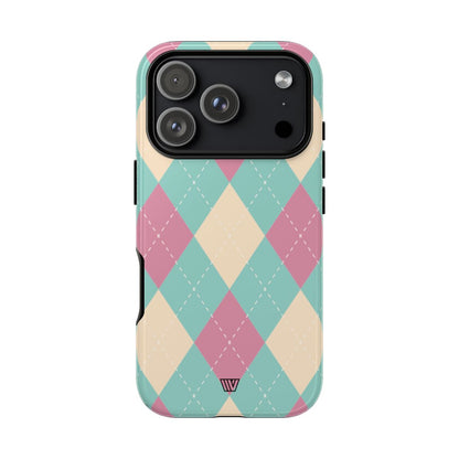 Blue Pink Beige Argyle Tough Phone Case – iPhone 17 Pro, Glossy